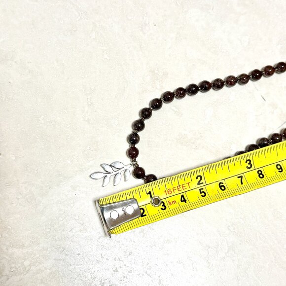 Deep Wine Red Garnet Short Necklace, Genuine Gemstone & Silver Leaf Branch Charm - Picture 13 of 15